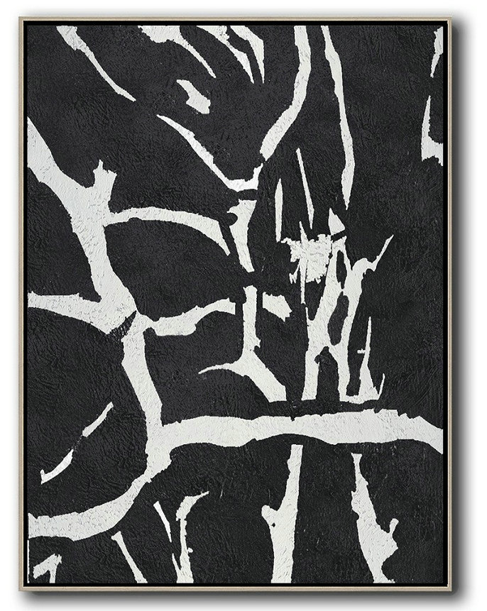 Hand-Painted Canvas Art,Black And White Minimalist Painting On Canvas - Original Abstract Painting Canvas Art